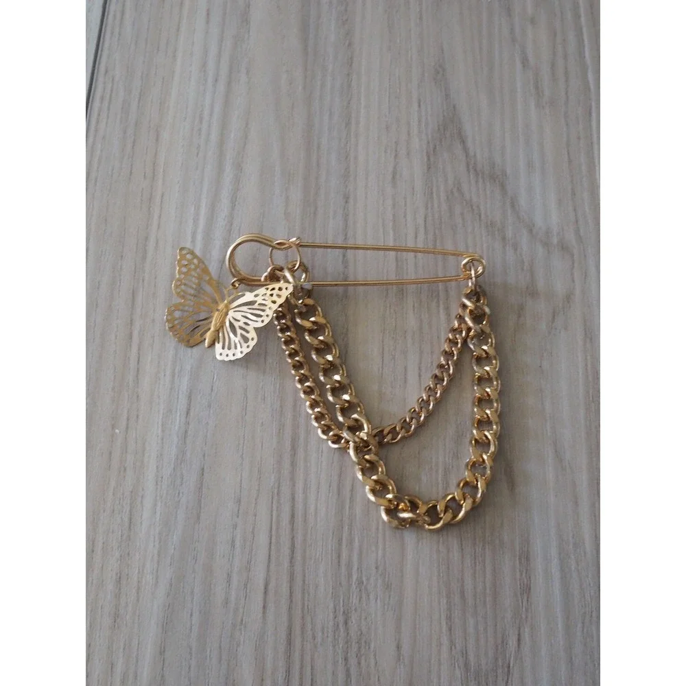 Gold Butterfly Safety Pin Chain Brooch Y2K Cottagecore Punk Jewelry Fairycore